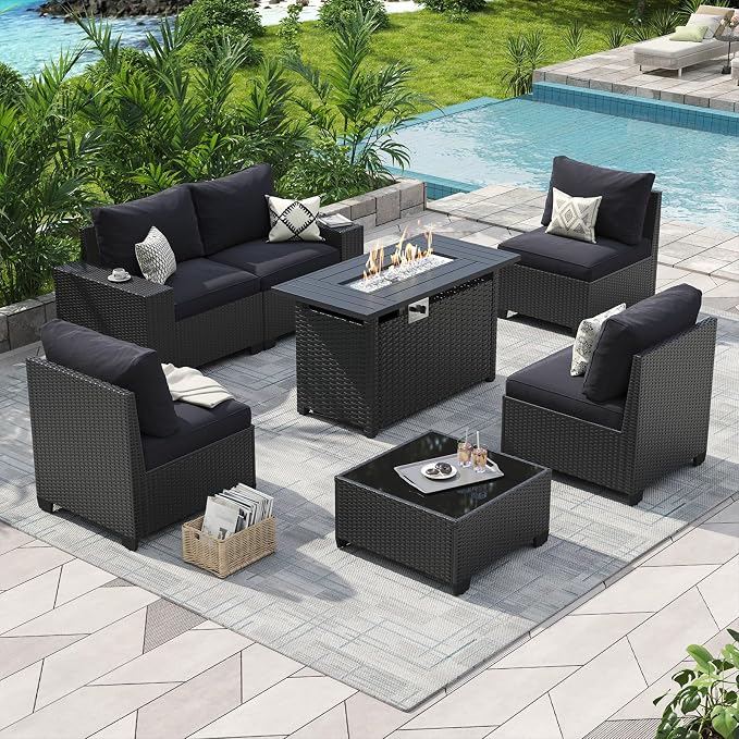 Aoxun Patio Furniture Set with 44'' Fire Pit Table, Widen Armrests Wicker by Aoxun