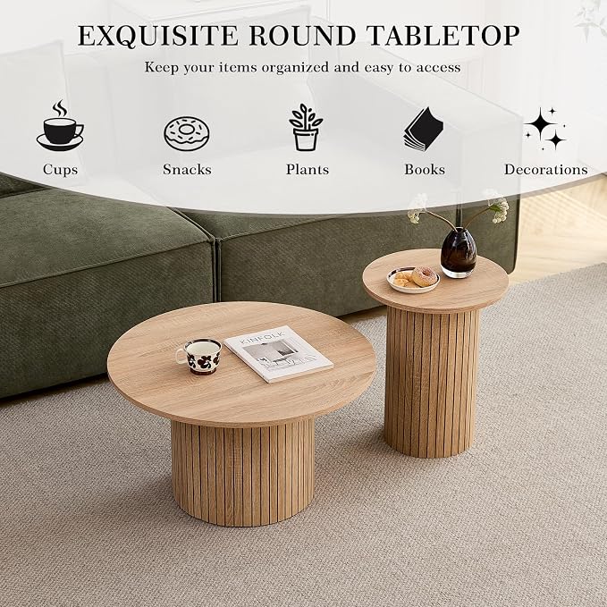 Round Nesting Coffee Table Set of 2 Mid Century Modern Wood Round Coffee Tables - Image 6