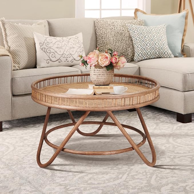 FINECASA Boho Rattan Coffee Table Round, Handwoven Modern Style Round Wicker - Image 4