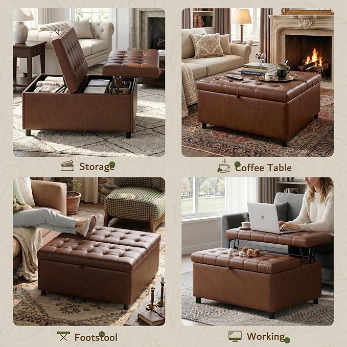 LINLUX Extra Large Leather Storage Ottoman, 35.5 Inch Large Square Lift Top - Image 4