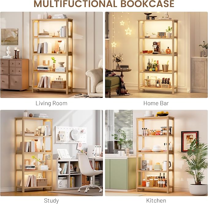 Vlsrka Wooden Bookshelf with Lights, 5 Tier Bookshelf with Storage, Tall - Image 9