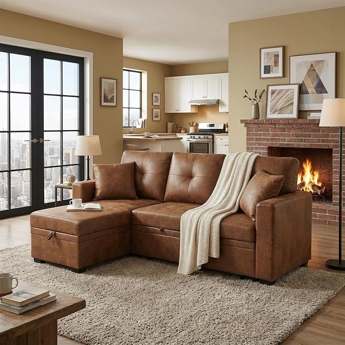 L Shaped Sectional Couch with Storage and Pull Out Bed, 3 Seater Sleeper Sofas - Image 2