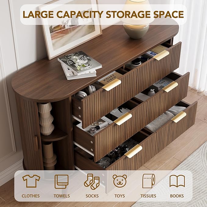 Decofy Fluted 6 Drawers Dresser, Curved Profile & Sturdy Legs, Wood TV Stand - Image 5