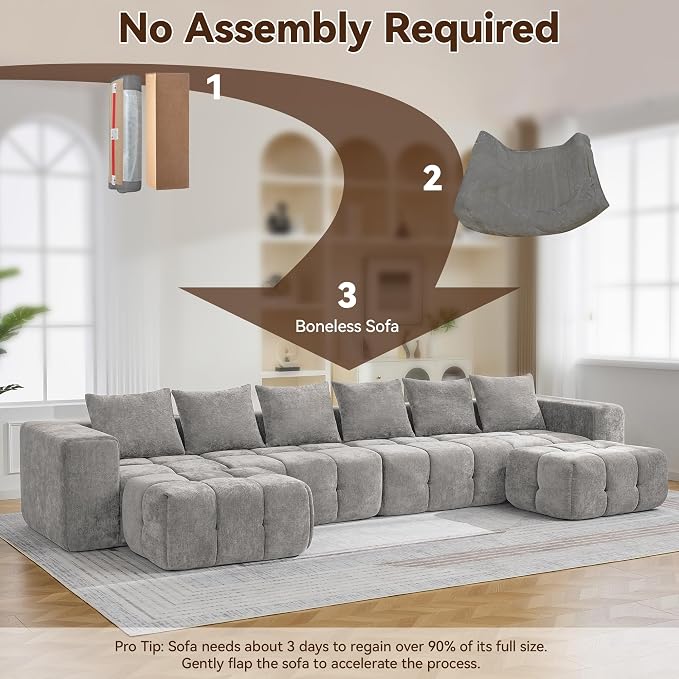 119" Boneless Couch, Oversized Cloud L Shaped Couch, Modular Sectional 4 Seater - Image 6