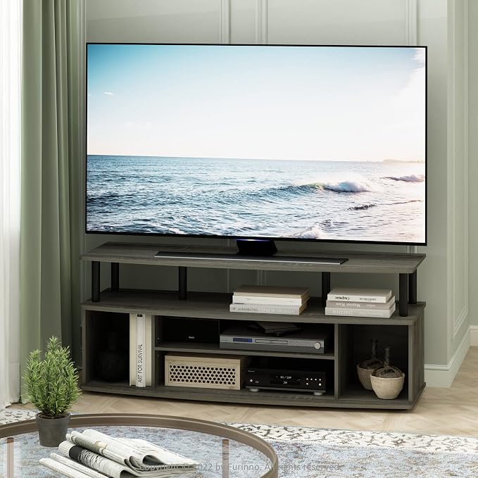 Furinno Jaya Large Entertainment Center Hold up to 55-in TV, French Oak/Black - Image 3