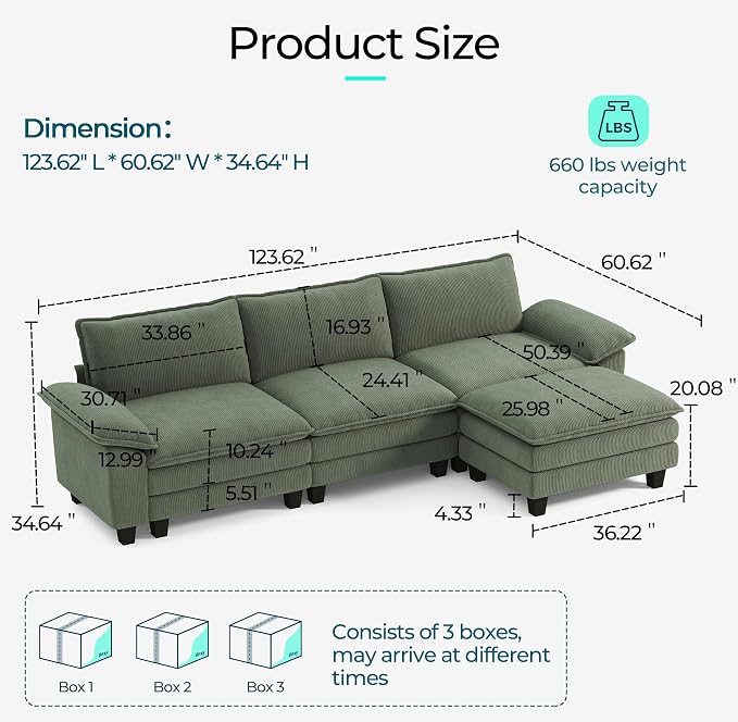 LINSY HOME 123" Modular L-Shaped Sectional Sofa, 3-Seat Corduroy Modern Cloud - Image 2