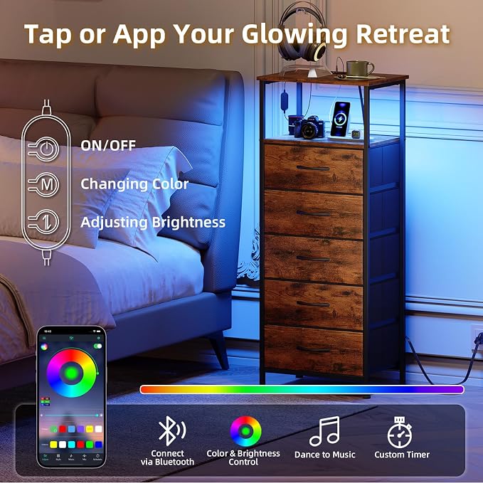 Somdot Tall Nightstand with Charging Station and LED Light - Image 4