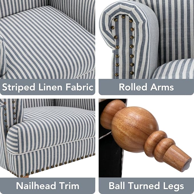 Blue Striped Linen Fabric Accent Chairs Set of 2, Coastal Upholstered Armchairs - Image 3