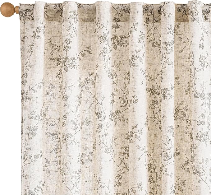 Lazzzy Grey Floral Linen Curtains 84 Inch Length Farmhouse Curtain Back Tab by Lazzzy