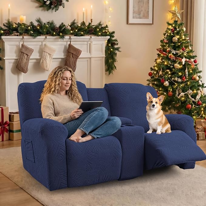 Recliner Loveseat Covers with Console, 6-Piece Stretch Geometric Strokes - Image 5