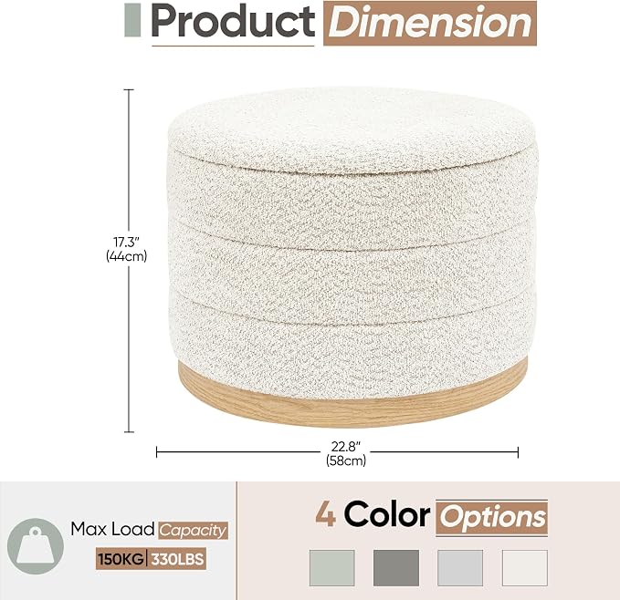 Round Storage Ottoman with Tray Lid, Folding Chenille Fabric Footrest with - Image 3