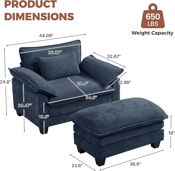 Oversized Accent Chair with Ottoman Set of 2, Upholstered Armchair with Extra - Image 2