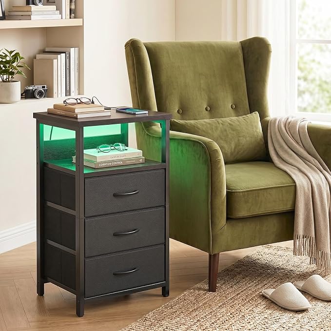 Fixwal Night Stand with 3 Fabric Storage Drawers, LED Nightstand with Charging - Image 7