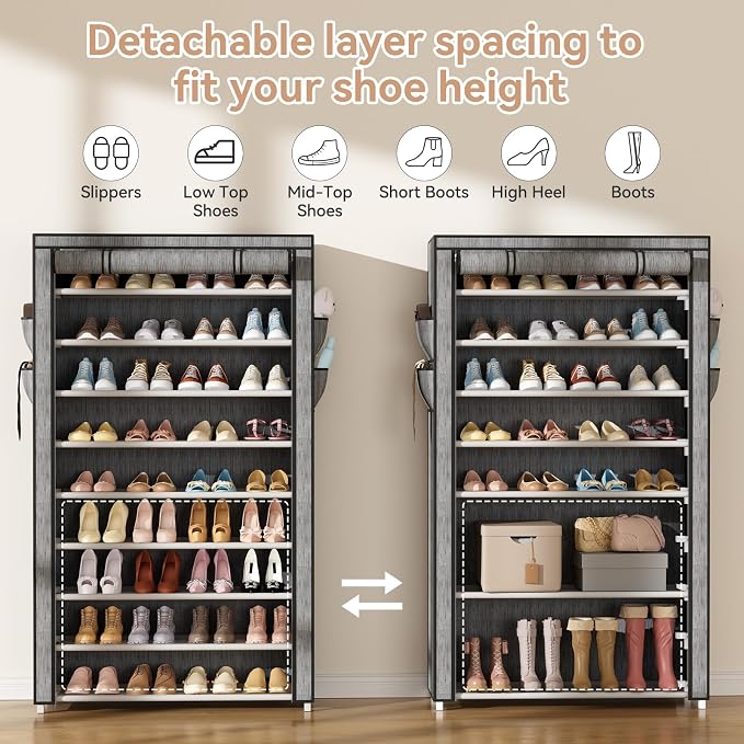 LANTEFUL Shoe Rack with Covers 10 Tier Tall Shoe Rack Organizer Large Capacity - Image 6