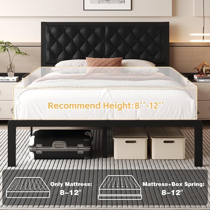 Fluest Queen Bed Frame with Headboard PU Leather Upholstered Bed Frame Platform - Image 7