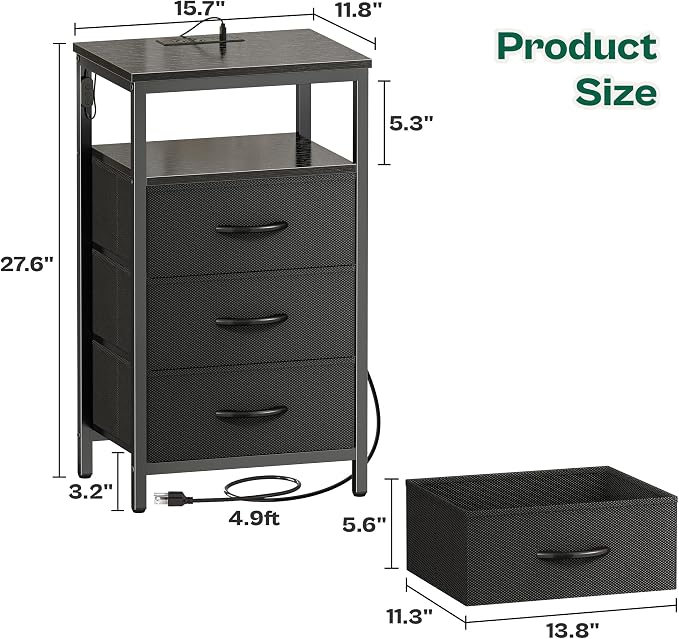 Huuger Night Stand with Charger Station and LED Lights, 3 Drawer Nightstand - Image 3
