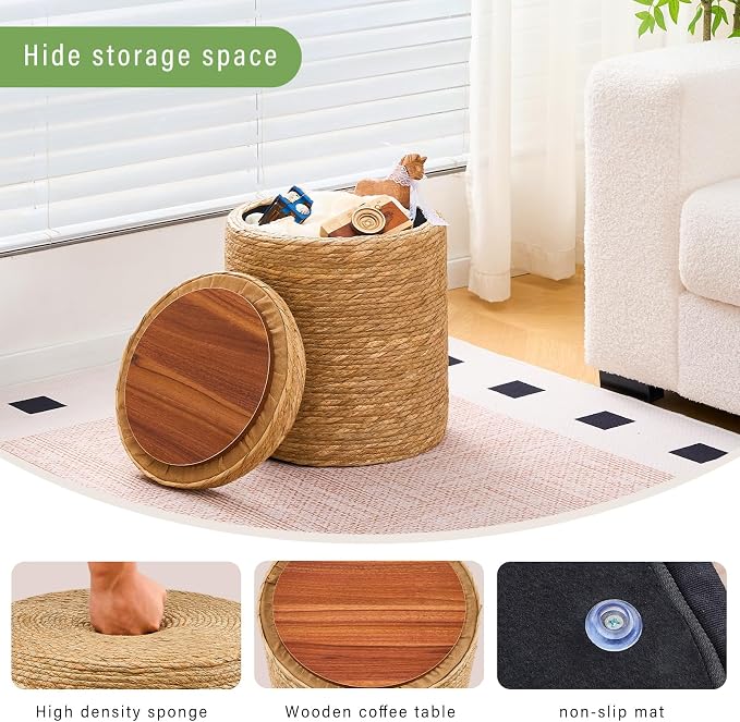 Wimarsbon Round Pouf Ottomans, Handwoven Natural Water Hyacinth Seagrass Pouffe - Image 6