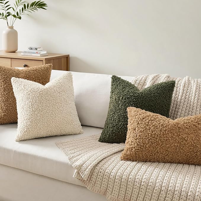 Faux Fur Throw Pillow Covers 18x18 Inch Set of 2 Boucle Neutral Decorative - Image 2