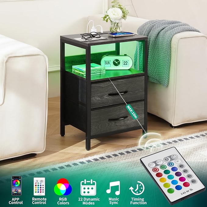 Yoobure Nightstand with Charging Station, LED Night Stand with Fabric Drawers - Image 5
