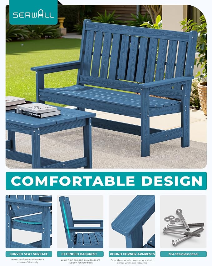 SERWALL Outdoor Bench with Cup Holder, Oversized 58" HDPE Porch Bench Suitable - Image 6