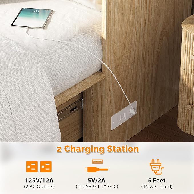 VINGLI Full Murphy Bed with Storage Drawer, 2 Charging Station, Fluted Wooden - Image 4