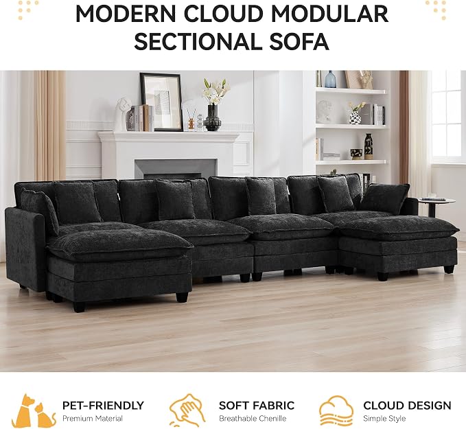 147'' Modualr Sectional Cloud Deep Seat Couch, Oversized Chenille U Shaped - Image 7