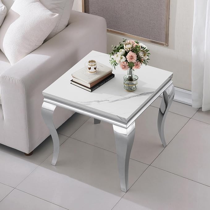 Henf Marble End Table Modern White Faux Marble Sofa Side Table - Image 4