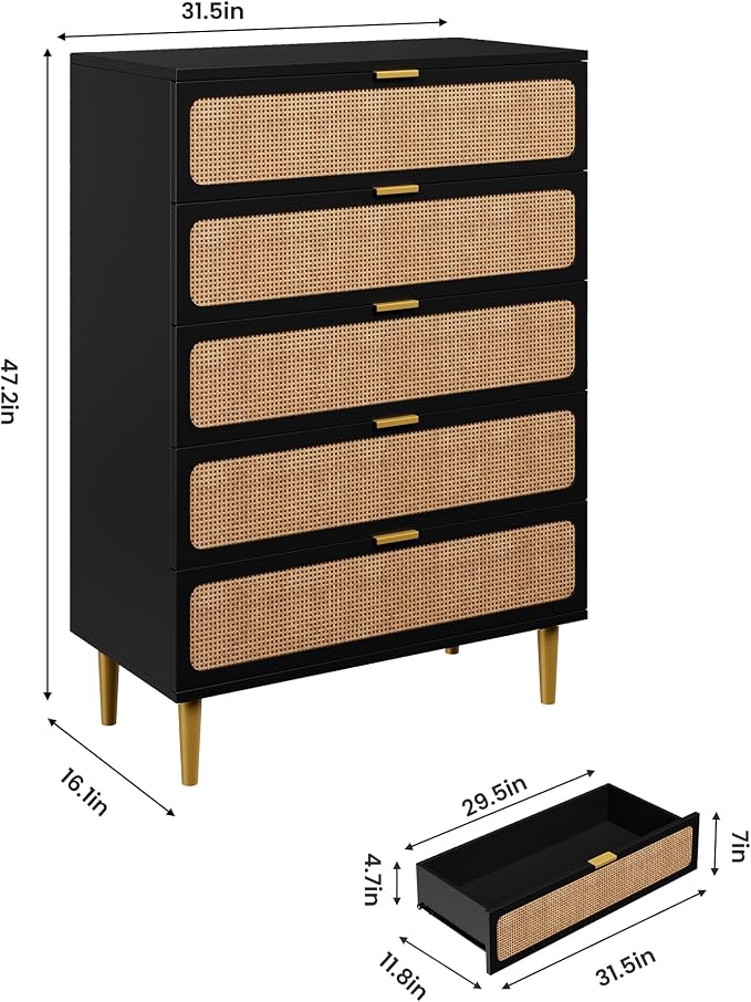 GarveeHome Rattan 5 Drawer Dressers - Image 2