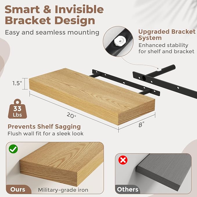 FLYJOE Floating Shelves for Wall, 20 Inch Floating Shelves Set of 2, Kitchen - Image 2
