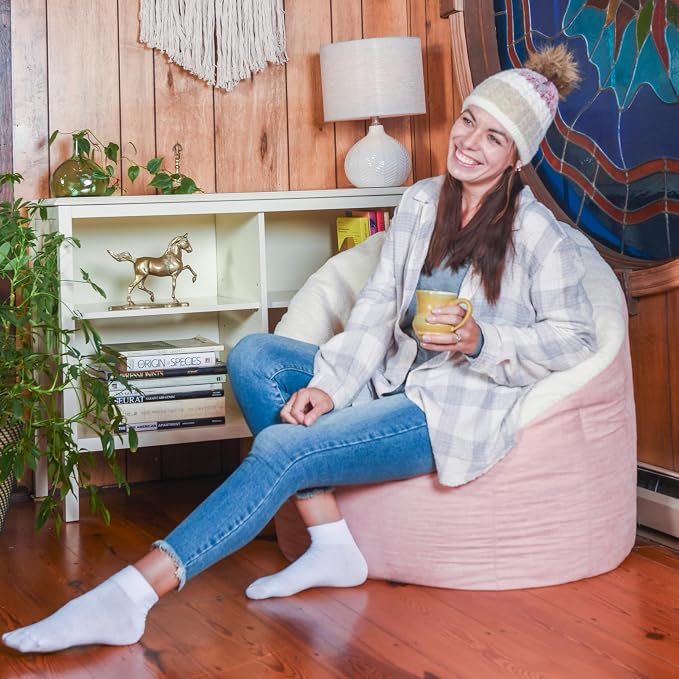 Big Joe Milano Bean Bag Chair for Kids, Oat Sherpa and Desert Rose, Vegan Suede - Image 2