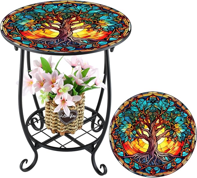 Cinnvoice Outdoor Side Table Round Small Mosaic Patio Accent Indoor End Plant by Cinnvoice