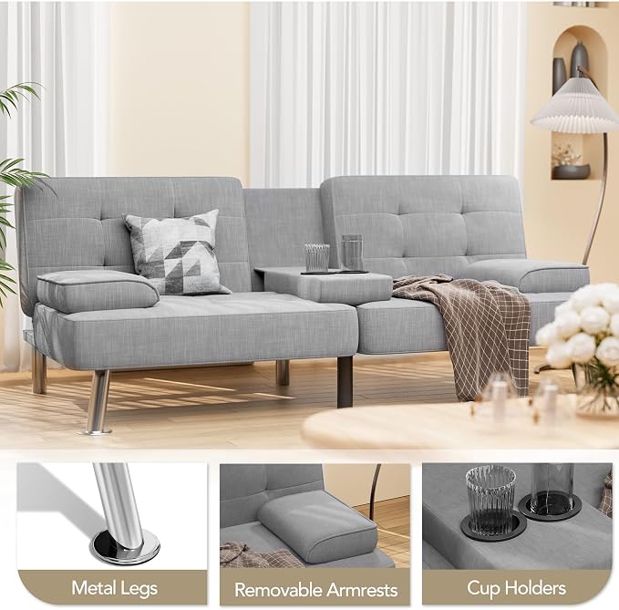 Shahoo Modern Linen Upholstered Convertible Folding Futon Sofa Bed - Image 3