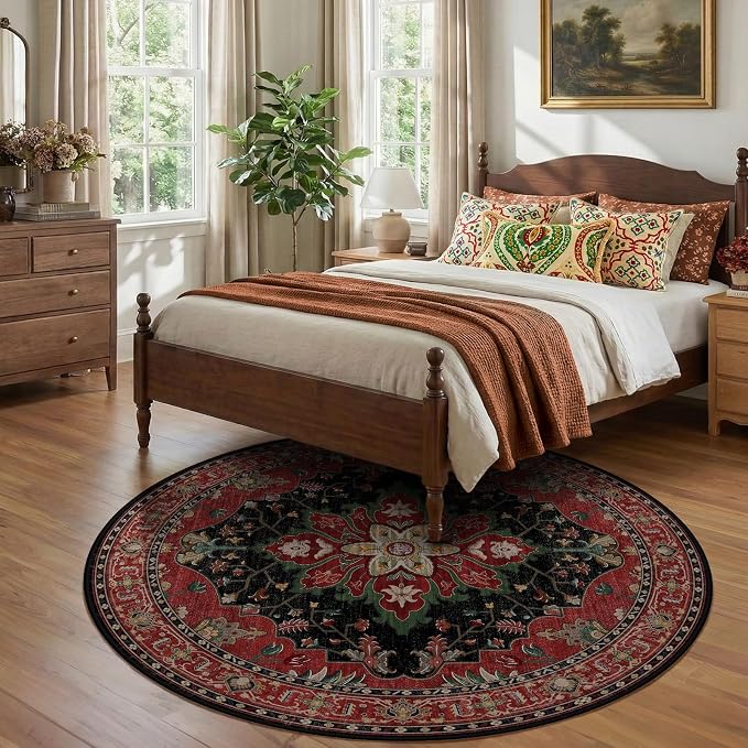 RELEANY Area Rugs Round 7ft Washable Non-Slip, Floral Vintage Distress Print - Image 2