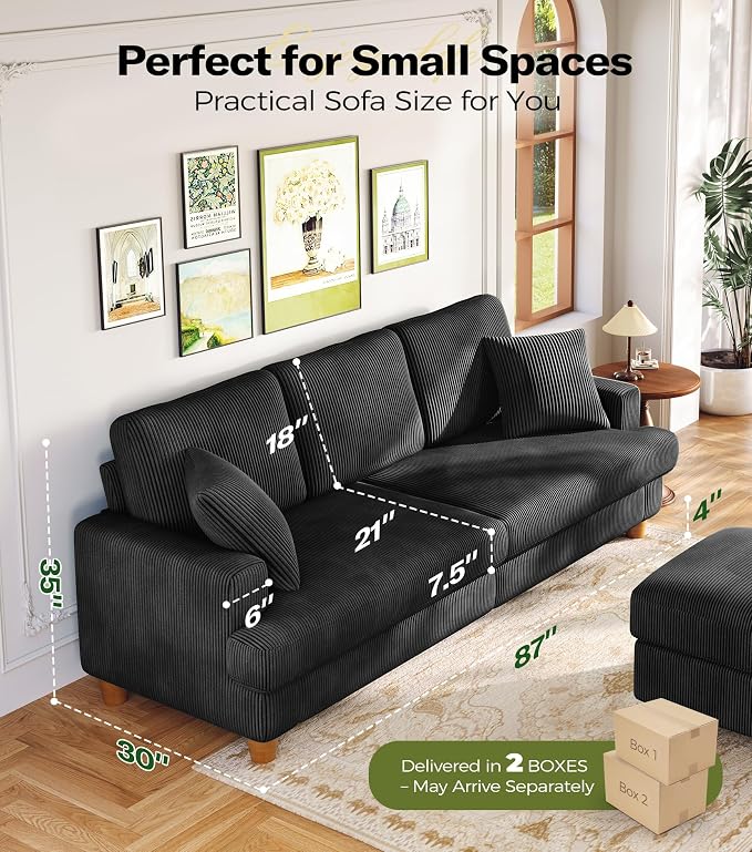87" L shape Corduroy Couch, Sofa No Tool Assembly, Comfy Couches - Image 2