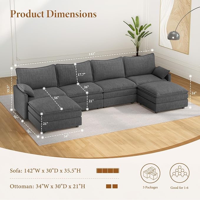 Vesgantti 142" U Shaped Sectional Couch, Comfy Cloud Modular Sectional Sofa - Image 2