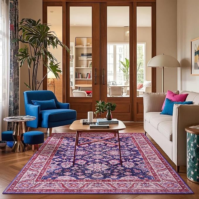 Purple Area Rugs for Living Room, 4x6 Washable Rugs for Bedroom, Non-Slip Retro by Rtizon