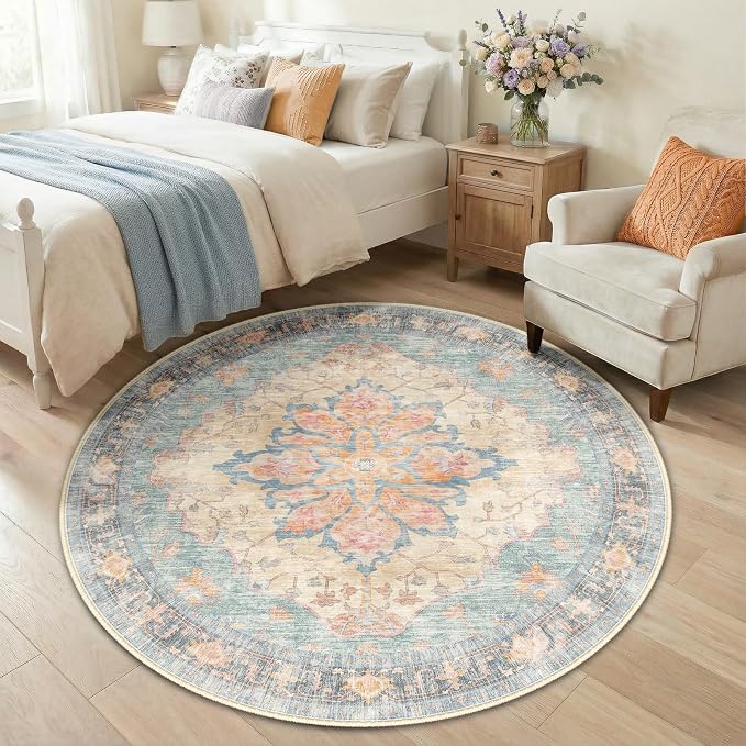 RELEANY Area Rugs Round 5ft Washable Non-Slip, Floral Vintage Distress Print by RELEANY