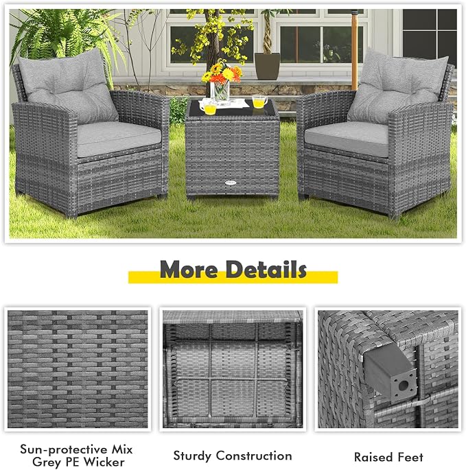 COSTWAY 3-Piece Patio Furniture Set, Outdoor Wicker Rattan Sofa - Image 7