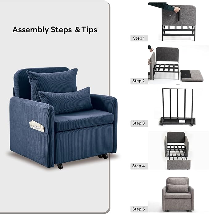 Iroomy 5-Level Adjustable Convertible Sleeper Chair, 3-in-1 Corduroy Pull Out - Image 9