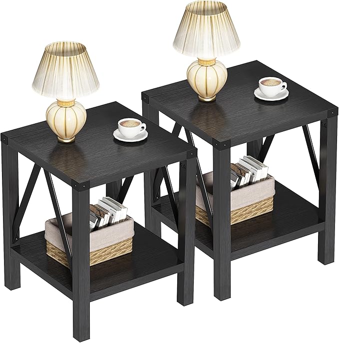 Treocho Farmhouse End Table Set of 2, Rustic Vintage Nightstand Side Table by Treocho