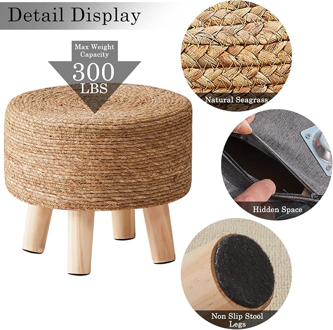 Cpintltr Foot Stool Natural Seagrass Hand Weave Poufs Round Ottoman - Image 5