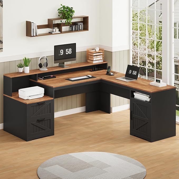 YOMILUVE 63" Farmhouse L Shaped Executive Desk - Image 3