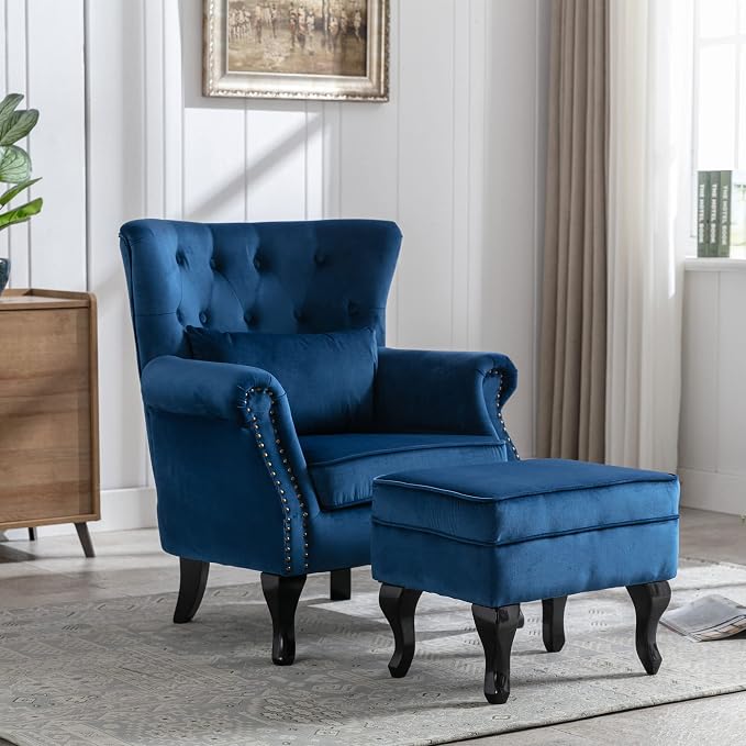 Mid-Century Accent Chair with Ottoman Modern Button Tufted Armchair Wingback - Image 2