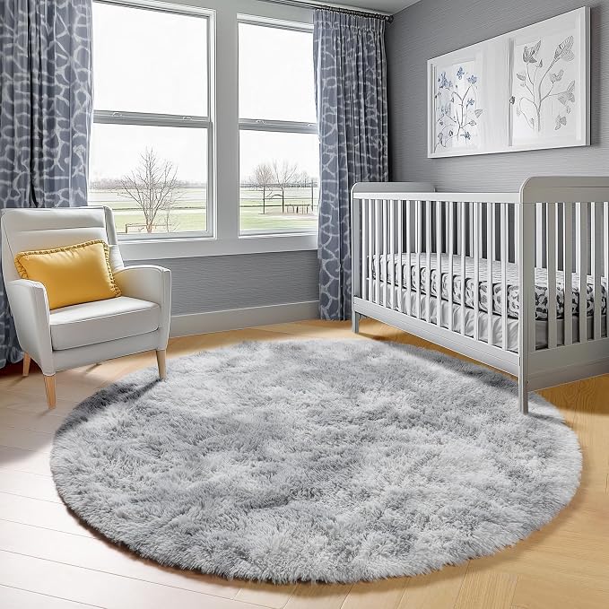 ONASAR Round Rugs 5ft for Bedroom Living Room, Fluffy Tie-Dyed Light Grey - Image 8