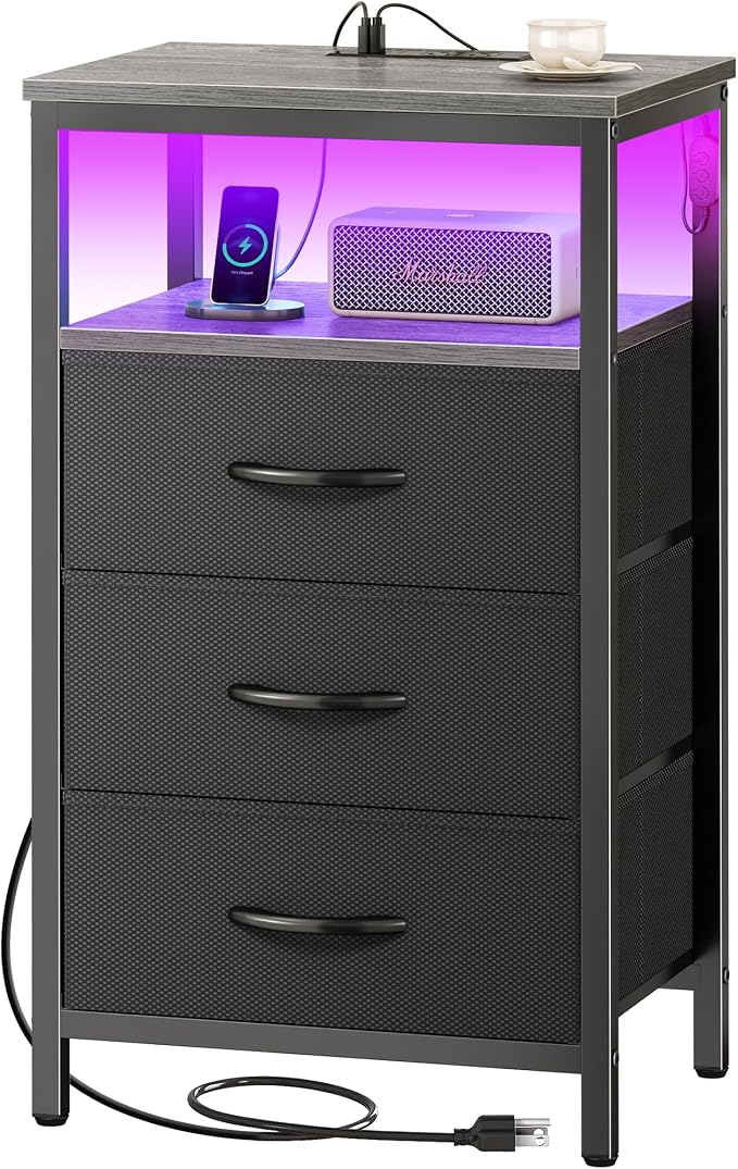 Huuger Night Stand with Charger Station and LED Lights, 3 Drawer Nightstand by Huuger