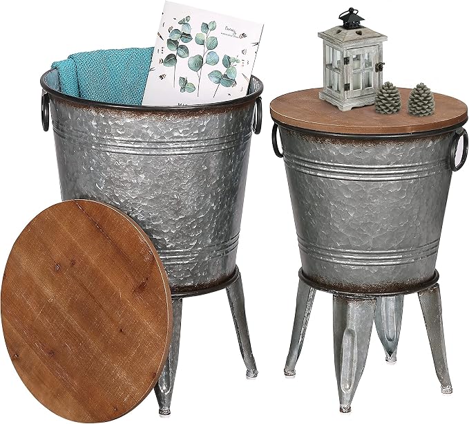 RUSTOWN Farmhouse Side Tables Set of 2, Galvanized Metal Bucket End Table by RUSTOWN