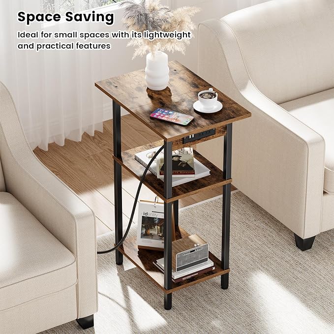 Asgolion Tall End Table with Charging Station, Skinny Nightstand with USB Ports - Image 4