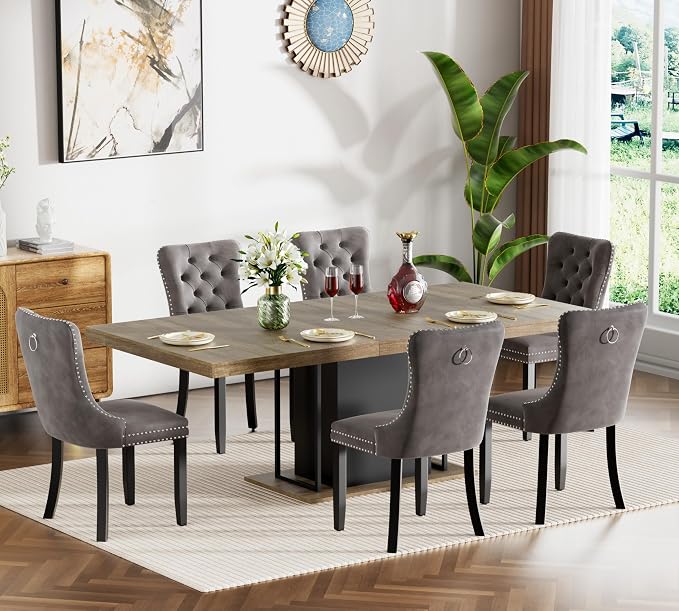 Henf 63"-79" Dining Table Set for 6, 7 Pieces Extendable Dining Table and 6 by Henf
