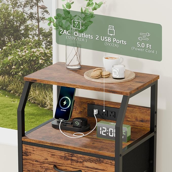 Furnulem Night Stand with Charging Station, USB Ports and Outlets, 28.3 Inch - Image 8