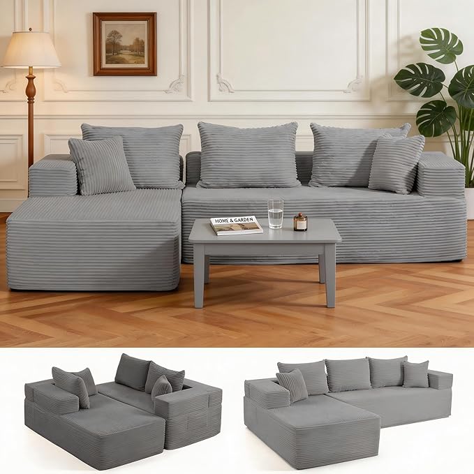 105'' Cloud Sectional Couch, Modular L-Shaped Boneless Sectional Sofa, Corduroy by WENTUM